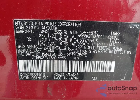 2007 Toyota Rav4 Sport V6 z USA, uszkodzony, nr VIN JTMBK32V176016955